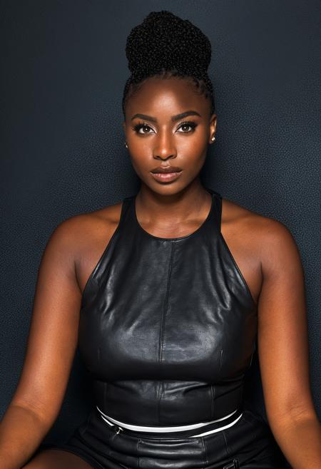 gymaftft 1girl realistic looking at viewer, smartphone, sitting, very dark skin, upper body 24 year old, hair, breasts, eyes, best quality, RAW photo, subject, 8k uhd, high quality, photorealistic, high-status, fair-skinned female, pale skin, plush, philosophical fashion, first-class, Exact, Dark Background, first-class, Textured background shot <lora:gymaftXLrd:0.9>