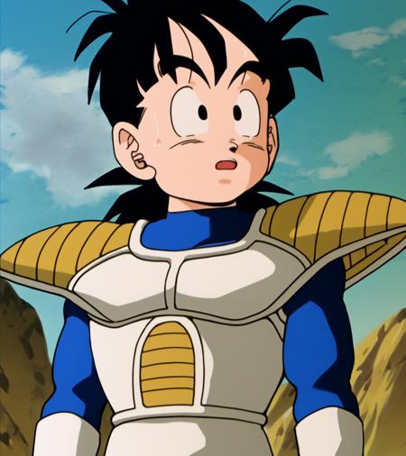 songohan7yo,black hair,black eyes,spiked hair,long hair saiyan armor,armor,wristband,gloves