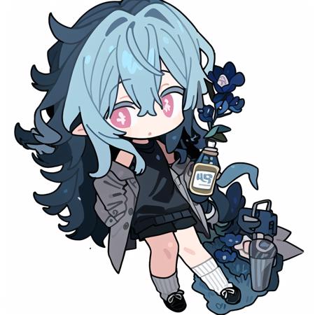 8k，{{ultra-detailed}}, {{illustration}}, (beautiful detailed eyes), beautiful, amazing, detailed eyes, (((masterpiece))),1girl,upper body,chibi,full body, pink eyes, blue hair, 1girl, long hair, white background, grey jacket, chibi, simple background, +_+, black footwear, grey shirt, socks, tentacles, shirt, grey sweater, bangs, paper, jacket, bottle, shoes, white socks, full body, multicolored hair, symbol-shaped pupils, off shoulder，