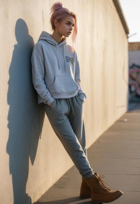 fashion photography, side view,  portrait, upper body, close up, golden hour lighting,
pale 20yo woman leaning on wall, looking into the distance, standing, one one leg drawn, wearing loose pants and loose cropped hoodie, wearing boots, layered muted colorful hair, midriff, graffiti,TWbabeXL01