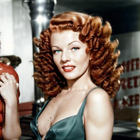 A realistic Full body photo of actress Rita Hayworth with Red Hair Style, (perfect eyes), ((highly detailed skin:1.1)), slim body, SFW, Modelshoot, best quality, Professional Photography, Photorealistic, sharp focus, ((standing in 1940s bar background)), RAW, analog style, high res, high quality, <lora:ritaHayworthClassic_v10:0.8>