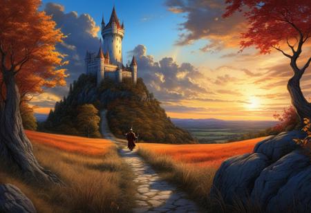 award winning, comic art illustration, in the style of Ed Benes, perfect shading; a beautiful cloudy but calm sky at dusk, blue and white mixed with reds, yellows, and oranges, a sense of serenity, a far off sun lighting the sky,  wizard tower in the scene, mysterious, Merlin the wizard with a staff walking down a path towards the tower, well drawn, sharp lines, smooth shading, (colorful:1.2), (sharp:1.2), (extremely detailed:1.2), (HD:1.2), (HDR:1.2), (8K:1.2), (insane quality:1.2), (best resolution:1.2), maximalist, (masterpiece:1.2)