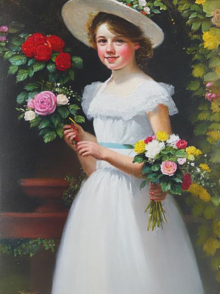 loose oil painting of a covent garden flower girl in Edwardian times