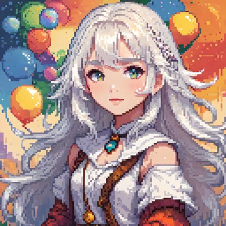 pixel art,<lora:pixel_art:0.75>,
(((masterpiece))),(((best quality))),((ultra-detailed)),(illustration),(dynamic angle),
((floating)),(paint),((disheveled hair)),
(solo),(cute girl),((small_breasts)),(((detailed anima face))),((beautiful detailed face)),collar,bare shoulders,
white hair,((colorful hair)),((streaked hair)),
beautiful detailed eyes,(Gradient color eyes),(((colorful eyes))),
(((colorful background))),(((high saturation))),(((surrounded by colorful splashes))),(((surrounded by colorful dot))),colorful bubble,((shining)),child,