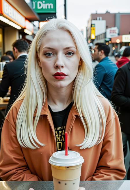 close up analogue photo of a beautiful 25 years (((albino woman:1.5))) with white hair (((pale skin:1.5))), white hair, <lora:Lumiya_SDXL:0.6>, Wearing a sunset-orange hoodie under a tailored plaid coat, paired with black leggings and suede ankle boots, a woman sips bubble tea outside a retro diner as taxis zoom by in blurred motion, city dusk just beginning to fall.