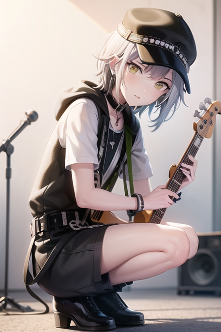 <lora:ShihoV3-07:0.7> , hinoshiho, 1girl, solo, looking at viewer, short hair, shirt, hat, jewelry, yellow eyes, white hair, earrings, shorts, choker, belt, hood, necklace, bracelet, squatting, wristband, instrument, microphone, guitar, electric guitar, drum, speaker, megaphone, bass guitar, drumsticks, keyboard (instrument), instrument case, guitar case, drum set, amplifier