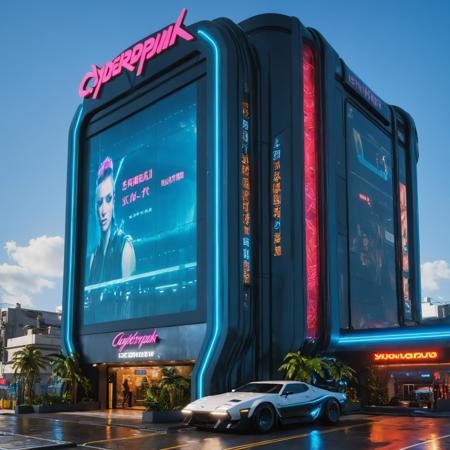 <lora:JJsCyberPunkCity_XL:1>, ((CyberPunk City)), (masterpiece),(high quality), best quality, real,(realistic), super detailed, (full detail),cenery, blue sky, palm, road,car,parking slot,outdoors,day, building,scenery,rain,city,sign,railing,lamppost,neon lights , glass wall , hologram,