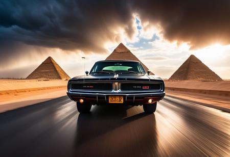 cinematic photo of dodge Charger 1968, magnificent three pyramids of Giza appear clearly, charm, highly detailed car, Professional lighting, full of life, Lively and energetic, 8K, rays of sun flow beyond heavy clouds, HDR, Fast & Furious movie, motion blur, moving tires, Cinematic Shot, Cinematic Lighting, amazing world, pure perfection, Need For Speed, wide angle exterior background, drifting, nebula horizon, wet asphalt road, autumn leaves.