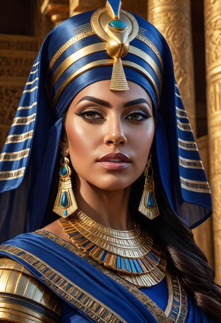 (masterpiece:1.5), (photorealistic image), ultra-detailed image, hyper realistic, egyptian queen, 50 years old, (look in camera:1.3), (low angle:1.3), ((regal presence)), realistic skin, grand palace setting, realistic lighting, intricate details, ((majestic attire)), ornate headdress, ((historically accurate accessories)), ((dramatic composition)), regal expression, authentic textures, ((luxurious surroundings)), ((captivating atmosphere)), ((timeless elegance)), professional photographer, ((realistic shadows)), detailed features, ((commanding presence)), ((rich color palette)), realistic reflections, ((grand architectural elements)), ((sumptuous drapery)), ((historical accuracy)), ((captivating gaze)), expertly captured moment,  RAW photo, <lora:more_details:0.9>, <lora:DetailedEyes_V3:1>