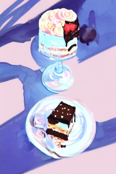 crl_fd6  style, masterpiece, best quality, extremely detailed, detailed background, detailed pastel colors, illustration, watercolor, paint splatter, cake, fruits on top, dripping chocolate, white plate, table,