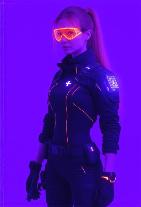 ""Neon-Edge Space Medic – Cinematic Cowboy Shot"
"A battle-ready medic stands in a heroic cowboy shot (mid-thigh up), her stance relaxed but alert. Glowing red neon accents pulse across her outfit, casting an eerie light on her pale skin and freckles. Her vibrant orange ponytail spills over one shoulder, contrasting with the deep black tactical gear. A playful, confident smirk hints at her unshakable competence. She has large, round natural breasts and a fit physique. And dreamy, hypnotizing Blue eyes.
Outfit & Neon Details:
Black cargo coat with thick red neon piping along the seams and a large, glowing red cross on the back (emitting a soft hum and flicker like a powered sign).
Sleeve-mounted vital monitors with pulsing red graphs tracking nearby injuries.
Utility belt lined with tiny bioluminescent strips (blue for sterile tools, red for emergency meds).
Gloves with neon-red touchpad interfaces on the knuckles. 
Tech Upgrades:
Left-eye scanner projects a floating red HUD with scrolling diagnostics.
Wrist-mounted smartwatch tablet (glowing blue holograms contrast with the red neon).
Black-and-red drone now has neon-red thruster rings. 
Gun-shaped injector holstered on her thigh, its ammo counter glowing red.
Scene:
The spaceship med-bay is well-lit and gleams with reflective white panels, now streaked with neon reflections from her gear. Through the window, a purple nebula bathes the room in an otherworldly glow.