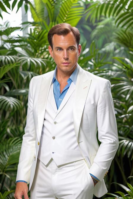 a man in a stunning white suit <lora:willArnett:1> in a jungle paradise, RAW, 8K, UHD, candid, amateur