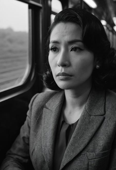 high resolution photo close-up of kkn woman,she has noir hair wearing a 50s suit, in a black and white cinematic movie,she is sitting on a train,gloomy,dimly lit,bokeh,depth of field,she is looking at camera,masterpiece,volumetric fog,film grain