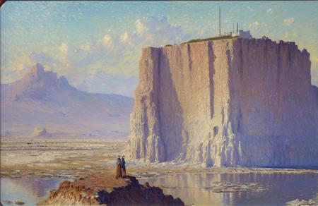 (impressionism:1.15), salt flat, Cliff/Bluff, (john harris:1.1), rural, scenery,scene painting,a painting, industrialism,