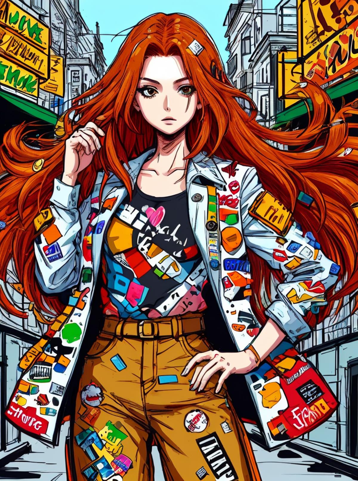 A woman wearing a coat with many stickers posing for a picture.