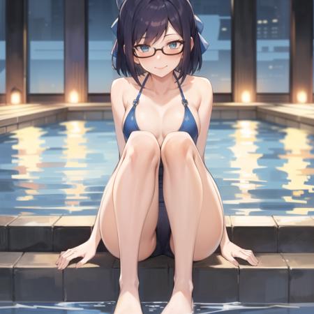 2d, masterpiece, best quality, anime, highly detailed face, highly detailed eyes, highly detailed background, perfect lighting, full body, 1girl, solo, a-chan, pool, bikini, crowd, embarrassed, smile <lora:a-chan:1>