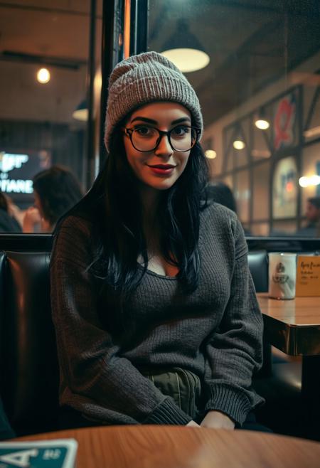 candid photograph of Gorgeous woman,Emilia Clarke, with black long hair and big breast, petitem sitting in a dark cafe, wearing a crop top sweater and a beanie hat and baggy pants, PG picture, sfw, wearing round glasses, cinematic, Perfect hand