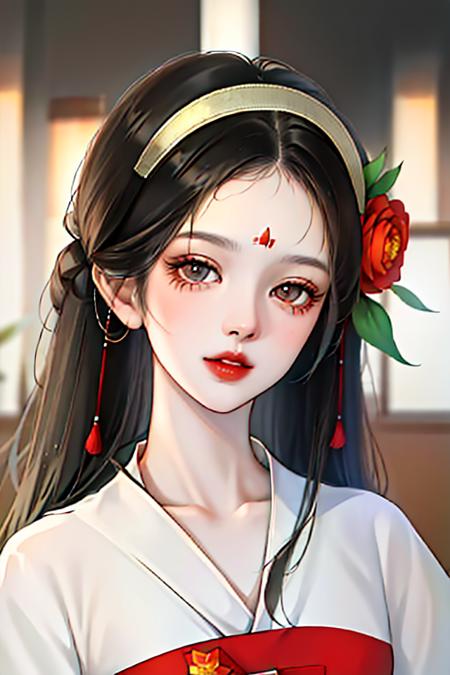 masterpiece,best quality,absurdres,original,extremely delicate and beautiful,beautiful detailed eyes and face,1girl, black hair, flower, japanese clothes, looking at viewer, red flower, solo, (shiny skin),(masterpiece:1.4),(best quality:1.4),realistic, <lora:animeV2.0:0.800000>