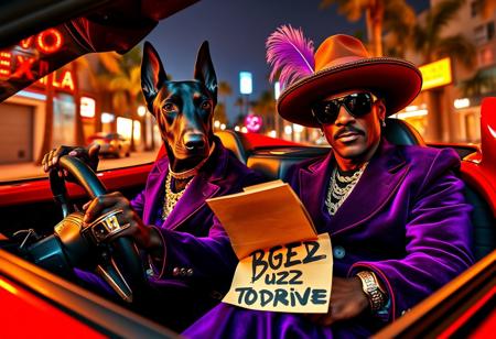 A fierce black Doberman with cropped ears, eyes sharp and intimidating, commands the driver’s seat of a flashy 80s red Ferrari, gripping the wheel with a deadly focus. Beside him, Snoop Dogg, decked out in full pimp style, lounges with effortless swagger. He’s rocking a purple velvet suit with gold trim, a wide-brimmed hat adorned with a feather, oversized gold chains, and flashy rings on every finger. His cane rests across his lap, and he casually holds a crumpled letter with bold, graffiti-style text that reads: "NEED BUZZ TO DRIVE." The Ferrari’s interior is lined with slick, black leather and aggressive red stitching, radiating luxury. Outside, a neon-lit Miami backdrop with swaying palm trees and gritty streets contrasts the car's polished exterior. The entire scene oozes photorealistic detail, dripping with a mix of high-end style, street cool, and edgy attitude.