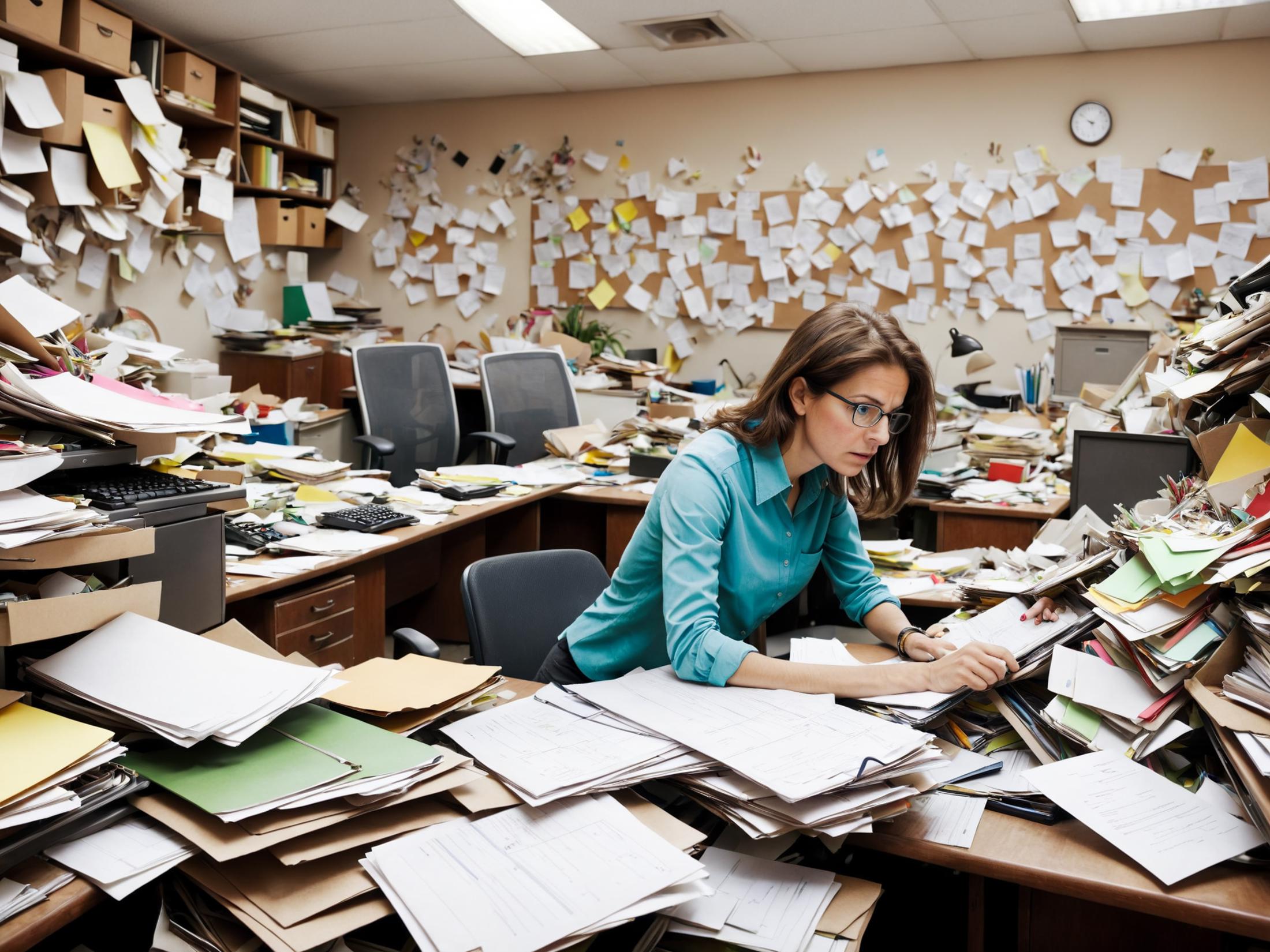 A woman working in an office surrounded by paperwork and office supplies.