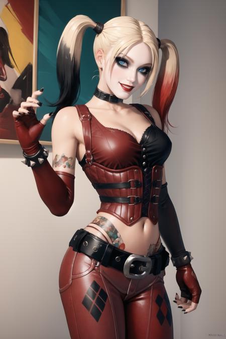 (masterpiece, best quality:1.2),  <lora:harley_quinn_(batman_arkham_city):.95>, harley quinn (batman arkham city), 1girl, solo, blonde hair, twintails, fingerless gloves, gloves, breasts, makeup, multicolored hair, navel, nail polish, cleavage, belt, tattoo, midriff, blue eyes, lipstick, choker, medium breasts, eyeshadow, red hair, pants, thighhighs, crop top, collar, lips, black nails, spikes, gradient hair, elbow gloves, red nails, blue hair, long hair, mascara, multicolored clothes, red lips, smiling, art gallery, paintings, exhibition, cultured