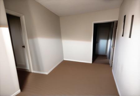 liminal space, door, no humans, indoors, hallway, scenery, an empty room with carpet and a door leading to another room