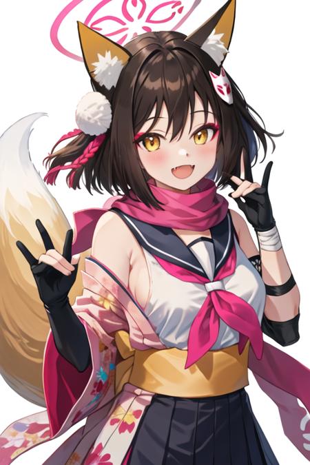 best quality, masterpiece, highres, solo, {izuna_bluearchive:1.15}, animal_ears, fox_ears, fox_girl, animal_ear_fluff, halo, brown_hair, bangs, short_hair, yellow_eyes, hair_ornament, smile, open_mouth, blush, fang, fox_tail, tail, hair_between_eyes, breasts, serafuku, 1girl, black_gloves, gloves, looking_at_viewer, scarf, school_uniform, partially_fingerless_gloves, sailor_collar, simple_background, fox_shadow_puppet, pink_scarf, :d, upper_body, white_background, eyeshadow, sleeveless, skin_fang, japanese_clothes, neckerchief