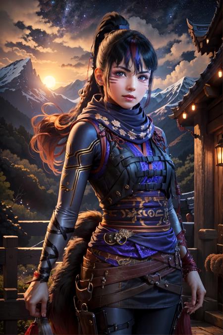 kunimitsu ii, 1girl, solo, looking at viewer, potrait, close-up, night, starry sky, temple, mountains, rocks, sea, training ground, (masterpiece:1.2, best quality)