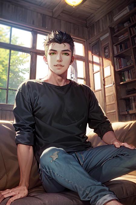 genji, solo, dressed in casual clothes, shrit, jeans, living room, indoors, sunllight, deep colors, best quality, <lora:genji:0.7>