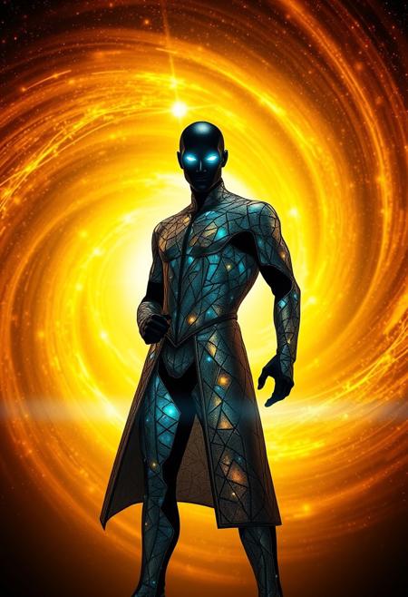 A mysterious humanoid superhero stands confidently in front of a swirling, golden-orange cosmic vortex. The figure is dressed in a sleek, futuristic bodysuit or long coat, composed of intricate glowing geometric patterns, like broken shards of glass forming circuitry. The face is obscured in silhouette, but the eyes and forehead emit a bright, ethereal blue-white glow, suggesting immense quantum energy. The background is a radiant blend of gold, amber, and starfield textures, forming an arcane ring or quantum portal. The visual style is luminous, detailed, and abstract—like a fusion of stained glass and sci-fi tech.