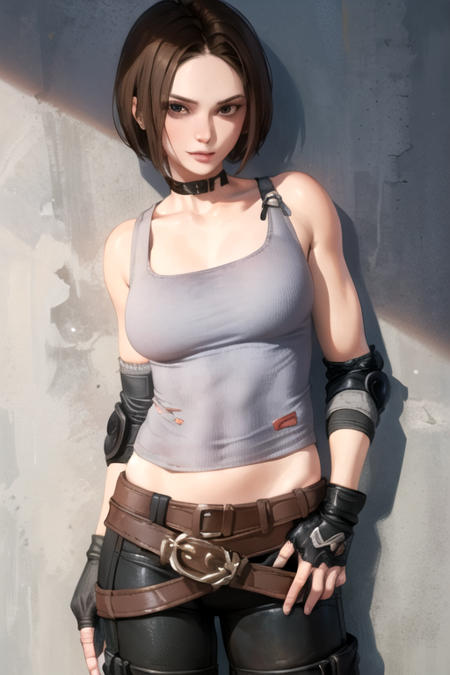 TrishkaNovak, 1girl, solo, short hair, brown hair, gloves, bare shoulders, midriff, belt, pants, fingerless gloves, tank top, elbow pads