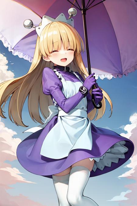 masterpiece, best quality, <lora:TesseLombrozo:1>,1girl, solo, thighhighs, blonde hair, umbrella, oekaki, long hair, maid, parasol, white thighhighs, sky, cloud, gloves, day, flying, open mouth, maid headdress, closed eyes