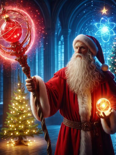 Santa Claus carrying a glowing orbstaff, christmas tree, christmas lights,<lora:XL_Weapon_Orbstaff_-_By_HailoKnight:0.75>,best quality, 8k