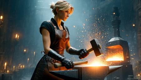 Photograph of  disney animation, blacksmithcute girl forges armour,  working in a huge forge. in paw big fantasy (hammer:1.6), Dressed in (leather trousers:1.3) and (blacksmith's apron:1.3), thick black leather gloves, heated iron laid on magical (an anvil:1.9). short blonde hair, Lots of sparks, hot
, looking at viewer, short hair, (masterpiece), (best quality:1.2), intricate details, (highly detailed skin:1.2),
intricate details, 8k post production, high resolution, hyper detailed, trending on artstation, sharp focus, studio photo, intricate details, highly detailed,  , captured on a (Hasselblad X1D II 50C)