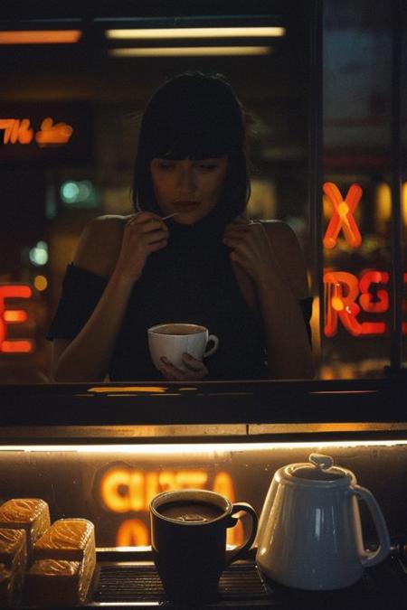 Close up Shot face, in a low-key style with the grainy texture of expired film, the photo offers a close-up view from above of a photo-realistic close up medium shoot body of beautiful girls figure stands tall, depicted in full body, gently cradling a steaming small cup of coffee. The attention to detail captures every nuance of the subject's features and attire, creating a lifelike representation that almost breathes with realism. Against the backdrop of vibrant neon signage, the scene comes alive with a juxtaposition of warmth and urban energy. The subject's expression exudes a sense of calm amidst the bustling cityscape," Bathed in the dim neon color full light of a blacked-out large window showcasing the city's glowing neon signs, the scene is a captivating mix of dramatic shadows, a washed-out color palette, and a shadowy ambiance reminiscent of a Kodak Portra 800 night shot.