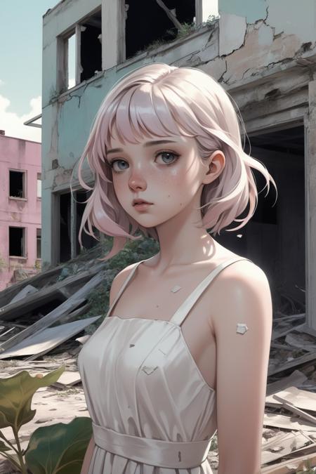 (realistic),1girl,(upper body:1.4),face , white dress, outdoors,pastel color, debris,  abandoned buildings, plants,