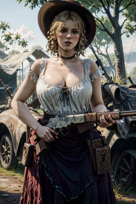 KarenRDR, 1girl, solo, gun, weapon, blonde hair, breasts, holding, cleavage, blurry background, holding weapon, rifle, realistic, holding gun, blurry, dress, large breasts
<lora:epi_noiseoffset2:1>,   <lora:KarenRDR:0.7>