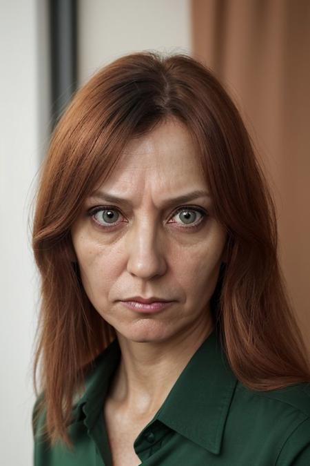 photograph,
portrait,
female,
45YO,
hair_color-copper_shimmer,
hair_length-20_cm,
eyes_color-jade_green,
shirt_color-black,
small-nose,
expression-annoyed