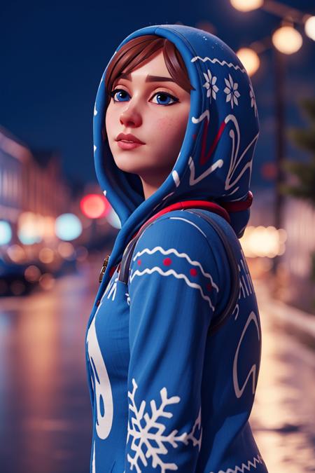 <lora:VRAMsOnesie:0.6>, vramsonsie, 1girl, solo, blue eyes, brown hair, onesie, hood, bokeh, night, winter, cinematic, posing, blurry background, floating, three-quarter view, closeup, headshot