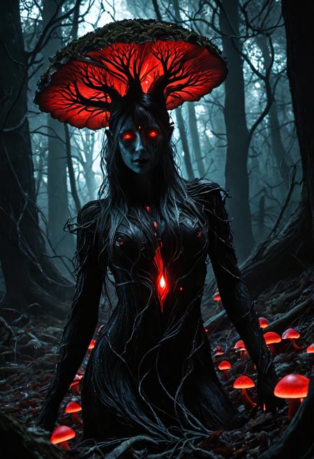 Dryad, corrupted forest spirit, black bark skin with red glowing cracks, twisted vines, decaying leaves, dark forest background, glowing red mushrooms, haunted ambiance, low light with strong contrast, mystical aura, cinematic shadows, dramatic lighting, highly detailed, fantasy horror style, dark fantasy theme