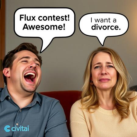 family photo of ecstatic man who says in a text bubble: "Flux contest! Awesome!" next to a sad crying woman who says in a text bubble: "I want a divorce". white and blue logo of "civitai".