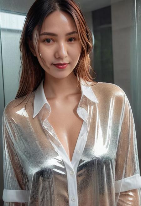 NSFW, Mirror selfie , slight smile , detailed skin face and eyes , showering, natural lighting , at home , see through loose wet blouse, cleavage, film grain, low contrast, natural face, sexy, nipples visible under blouse, water,