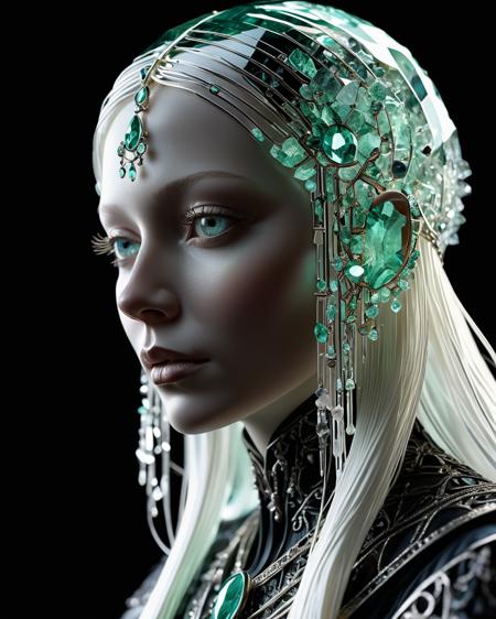 sorceress,  ZOISITE , illuminated face, sunlight shining through gemstone of semi-precious stone, Kay Nielsen, transparency, volumetric lighting, prismatic effect, black background, <lora:add-detail-xl:1.0>
