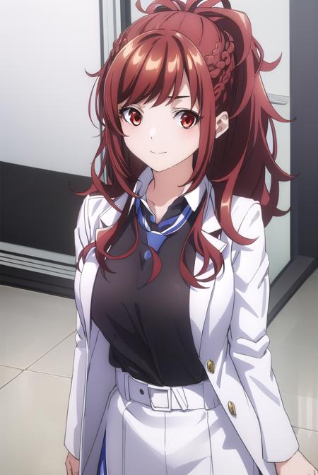 kaedekazama, <lora:kaede kazama s1-lora-nochekaiser:1>,
kaede kazama, long hair, bangs, (red eyes:1.3), ponytail, braid, sidelocks, red hair, smile,
BREAK skirt, shirt, long sleeves, school uniform, jacket, necktie, collared shirt, uniform, (black shirt:1.5), (white jacket:1.5), blue necktie,
BREAK indoors, classroom,
BREAK looking at viewer, (cowboy shot:1.5),
BREAK <lyco:GoodHands-beta2:1>, (masterpiece:1.2), best quality, high resolution, unity 8k wallpaper, (illustration:0.8), (beautiful detailed eyes:1.6), extremely detailed face, perfect lighting, extremely detailed CG, (perfect hands, perfect anatomy),