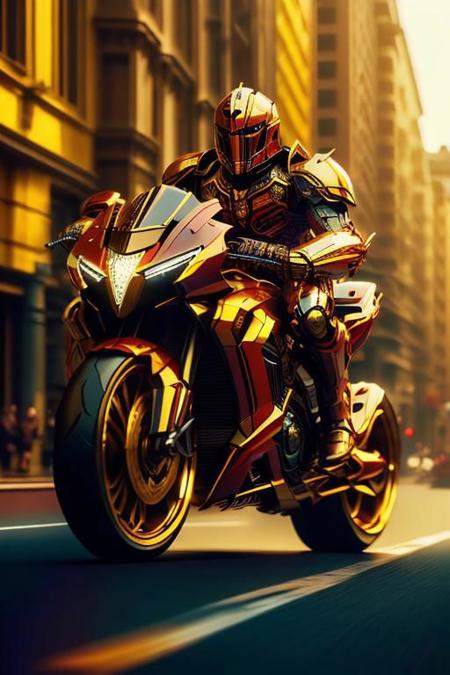 a man (knight in shiny armor, armor is highly detailed and symmetrical) riding on a sleek TransformersStyle dark red and gold ftsbk racing motorcycle on a road, super realistic, ultra realistic, 32k, high detail, photo-realistic, symmetrical,