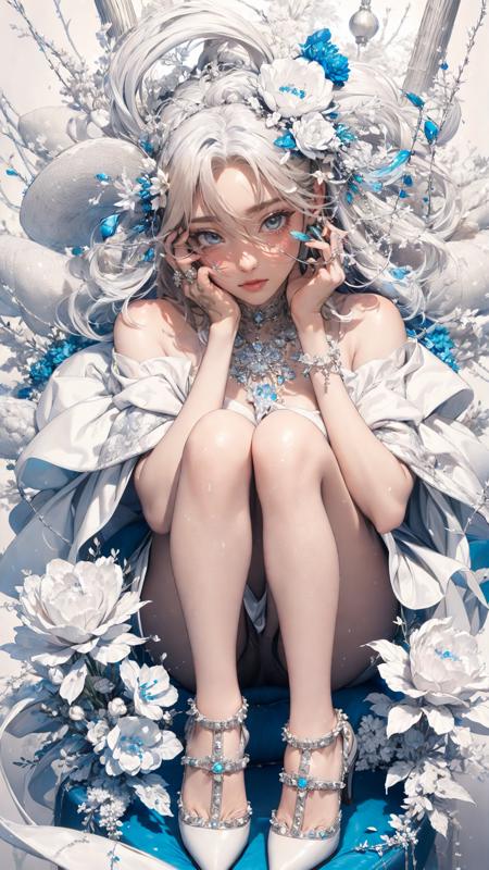 tutututu,high heels,
-1girl, blue eyes, solo, long hair, blue nails, looking at viewer, white hair, flower, jewelry, floating hair, nail polish, ring, hat, hair ornament, bare shoulders, breasts, white nails, bangs, hair between eyes, hands on own face,White hell,
<lora:add_detail:0.2>  <lora:White hell:0.6>
<lora:merged_0020:0.9>,