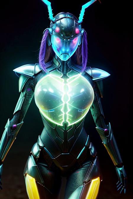 portrait of goddess (long neck, slender arms)) bulletproof vest, helmet with demon horns, Mantis, greater stag beetle, Maryland blue crab, (luminescen glowing), detailed background, floating particles,