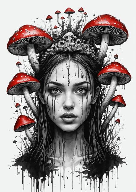 VibrantlySharp style,
animeniji,
3pic_vist4, An eldritch girl crowned in toadstools, her face half-submerged in ink, with clusters of toxic red mushrooms emerging like tumors, each stalk veined and pulsing, her expression solemn, eyes wide and ancient, lost in the fog of a fungal dream, dripping spores blurring the edges of her fading humanity.
  <lora:Mushroom_Portrait_Flux_v1:1> boshroomworld  <lora:DarkAnimeArt_V1:1> dark line art <lora:SketchStyle:1> Jedsk5tch, sketch, black and white