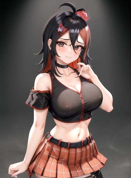 best quality, (masterpiece),(ultra-detailed), (high quality), (high resolution), <lora:Evil-nimu:0.7>,1girl, antenna hair, bangs, black choker, black hair, blush, breasts, choker, closed mouth, collarbone, evil nimu, hair ornament, knee boots, large breasts, looking at viewer, medium breasts, midriff, miniskirt, nipples, nude, plaid, plaid skirt, red hair, red shirt, skirt, smile, solo,  teeth, two-tone hair, underwear, upper body