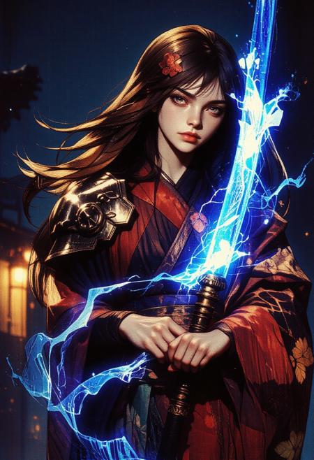 Shinobi girl wearing a kimono with shoulder armor, she's holding a katana glowing with blue energy, her long hair is flowing in the wind, she stands outside in nighttime training for her next battle. (maximum ultra high definition image quality and rendering:3), maximum image detail, maximum realistic render, (((ultra realist style))), realist side lighting, , 8K high definition, realist soft lighting, <lora:FluxMythG0thicL1nes:0.6> <lora:FluxMythR3alisticF:0.5> <lora:RetroAnimeFluxV1:0.6> <lora:OB半写实肖像画V2.0:0.6>
